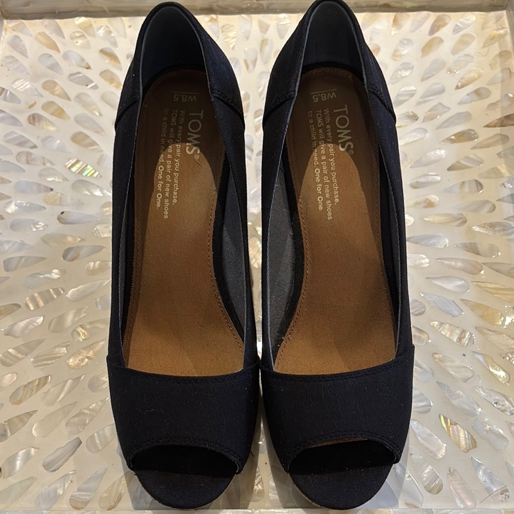 69. TOMS Stella Peep Toe Wedge Shoes